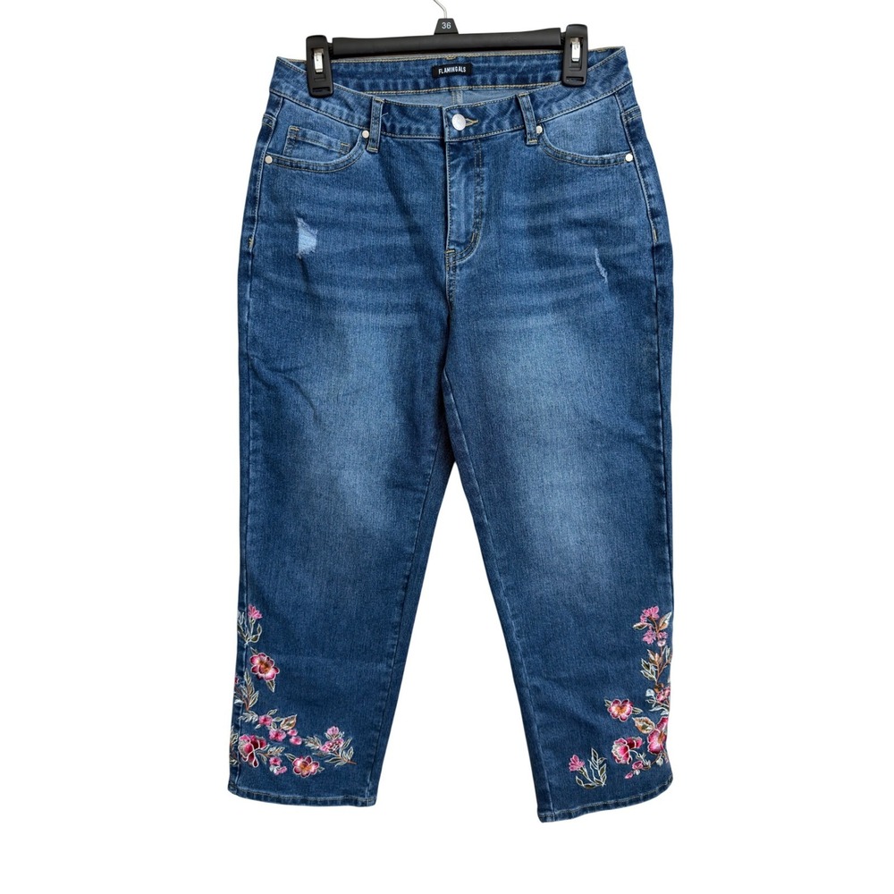 Floral Embroidered Straight Leg Crop Jeans Mid Rise Blue Boho Denim M Flamingals